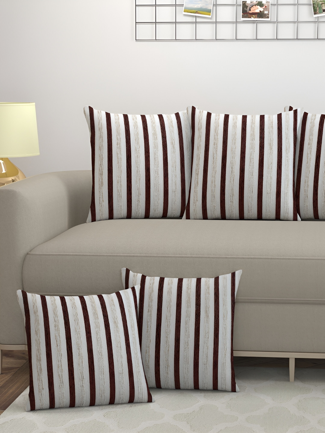 BIGGER FISH Crimson Striped Cotton 5 Pcs Square Cushion Covers - 15.7 x 15.7 In