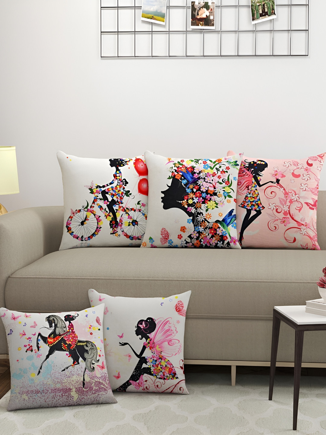 BIGGER FISH Printed White Floral Jute Cotton Breathable 5 Pcs Cushion Covers -16x16In