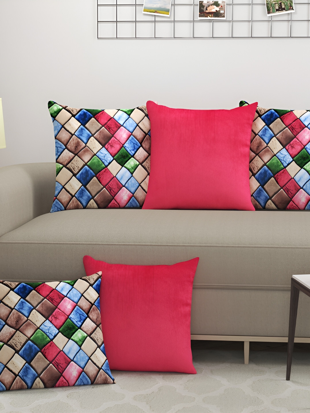 BIGGER FISH Red Geometric Velvet Durable 5 Piece Square Cushion Covers -16x16In