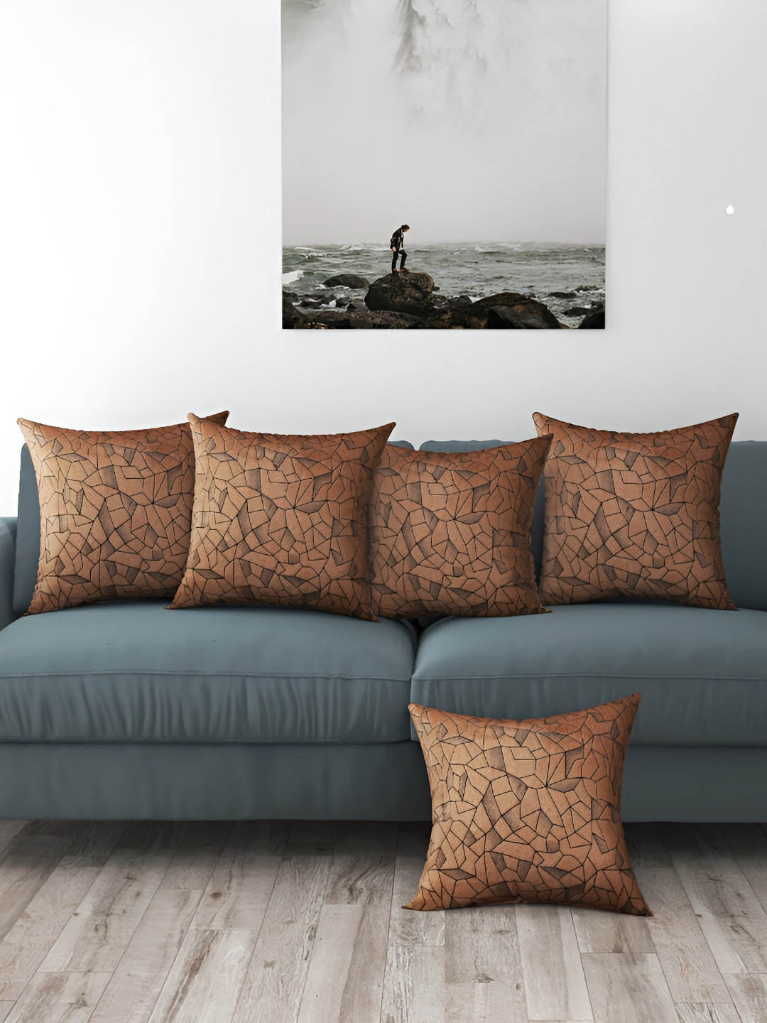 BIGGER FISH Geometric Brown Geometric Leather Durable 5 Pcs Cushion Covers -15.7x15.7In