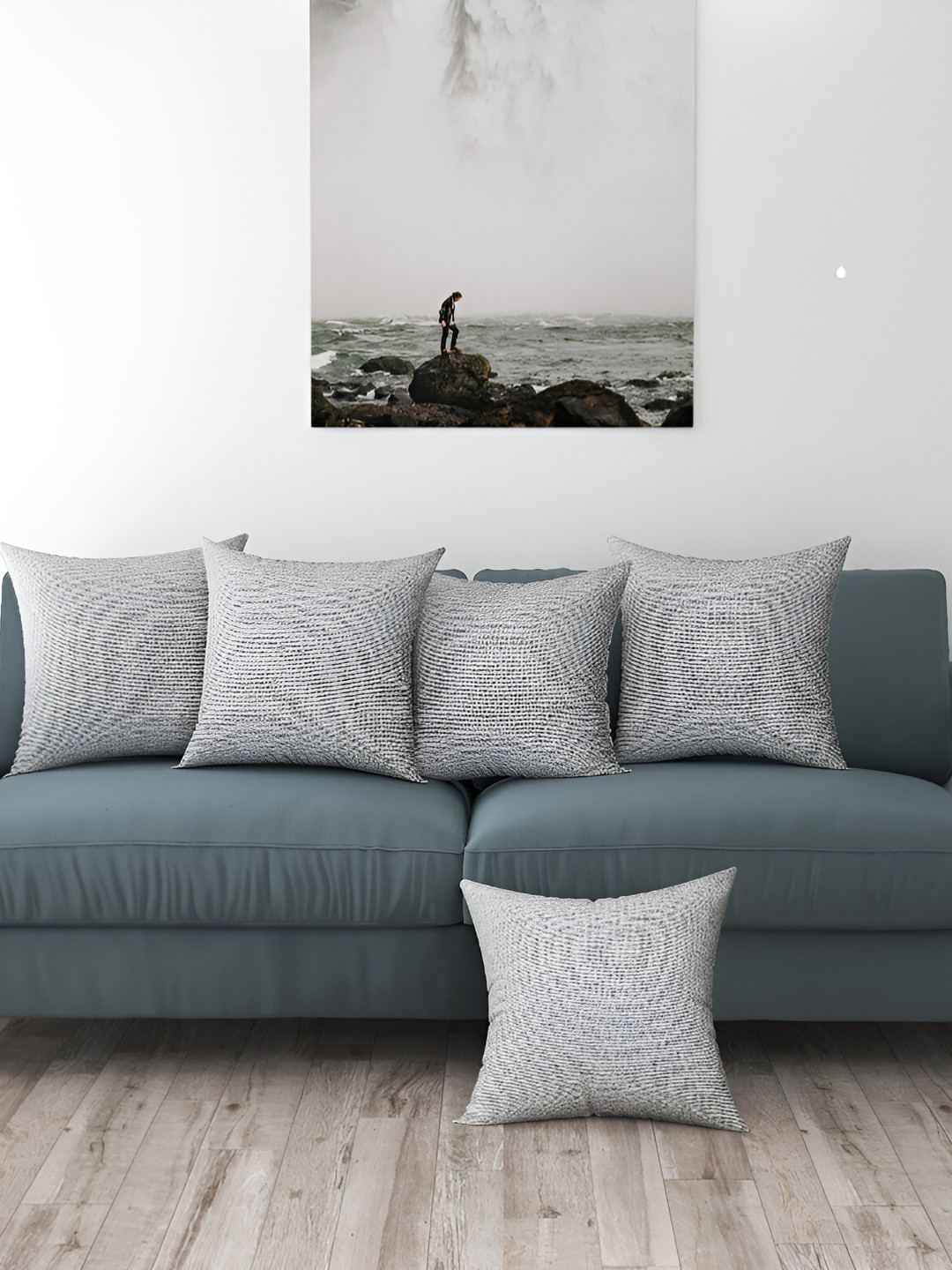 BIGGER FISH Grey Cotton Washable 5 Piece Embroidered Square Cushion Covers -16x16In