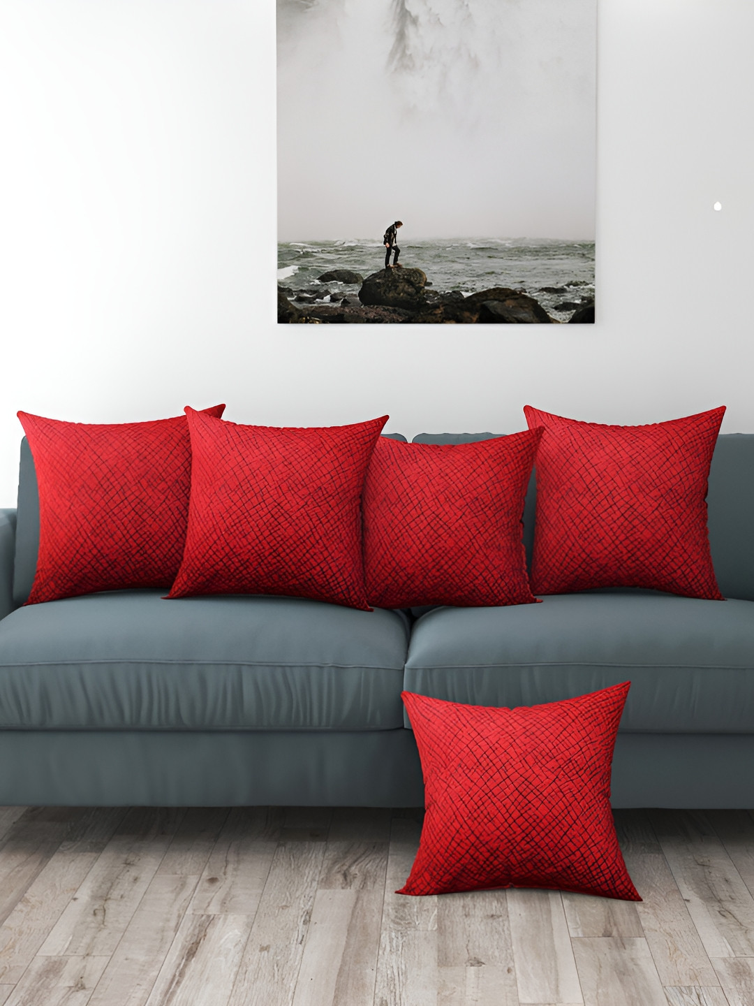 BIGGER FISH Maroon Abstract Leather Washable 5 Piece Square Cushion Covers -16x16In