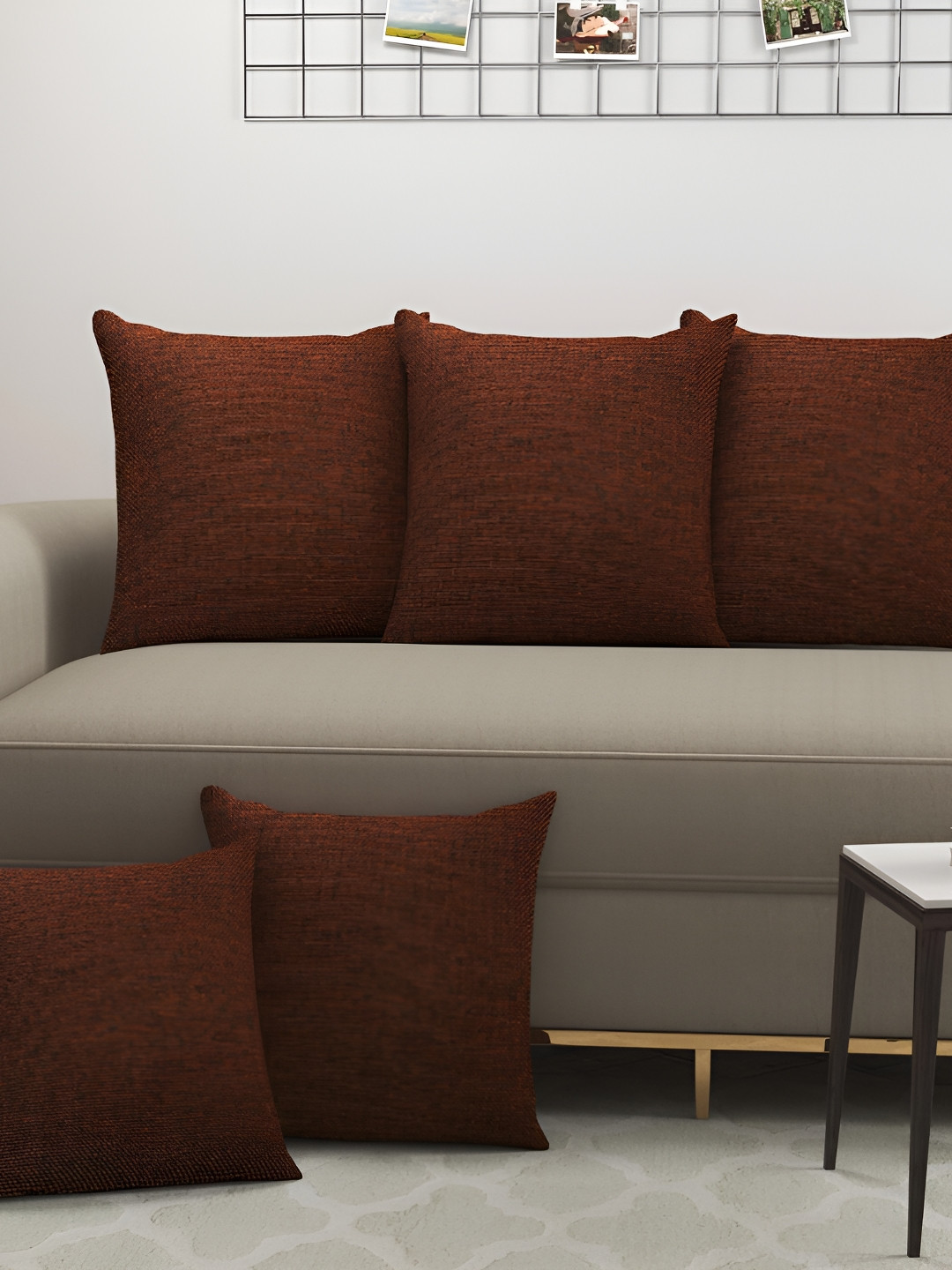 BIGGER FISH Orange Striped Jute Cotton Washable 5 Pcs Cushion Covers - 15.8 x 15.8 Inches