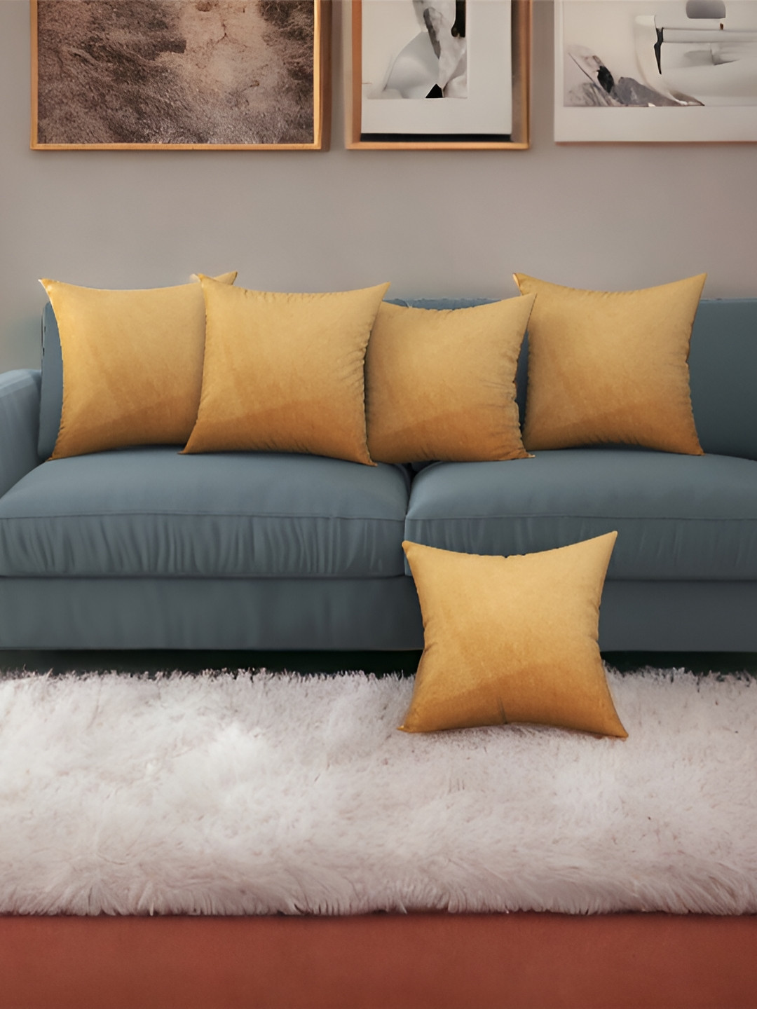 BIGGER FISH Plain Gold Polyester Silk Washable 5 Piece Square Cushion Covers -16x16In