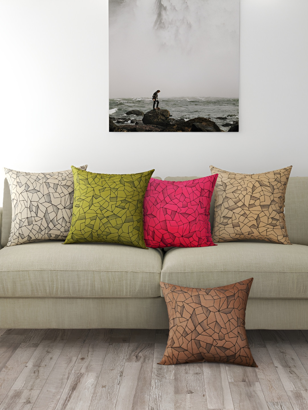 BIGGER FISH Pink & Green 5 Pieces Printed Square Cushion Covers