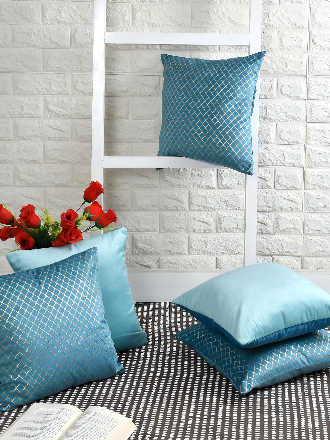 BIGGER FISH Blue & Silver Toned 5 Pieces Geometric Velvet Square Cushion Covers