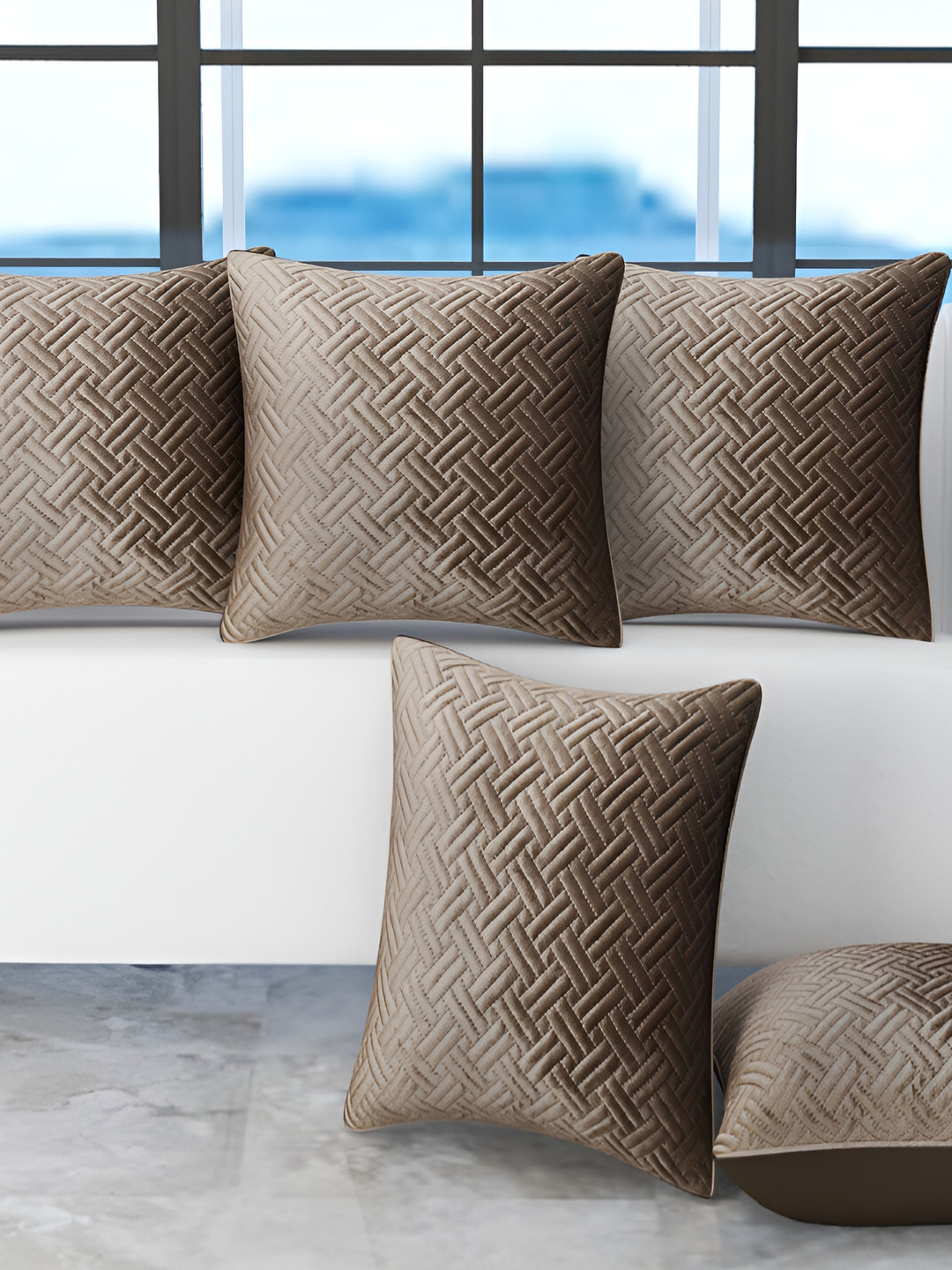 BIGGER FISH Self Design Brown Self Design Velvet Durable 5 Pcs Cushion Covers -15.7x15.7In