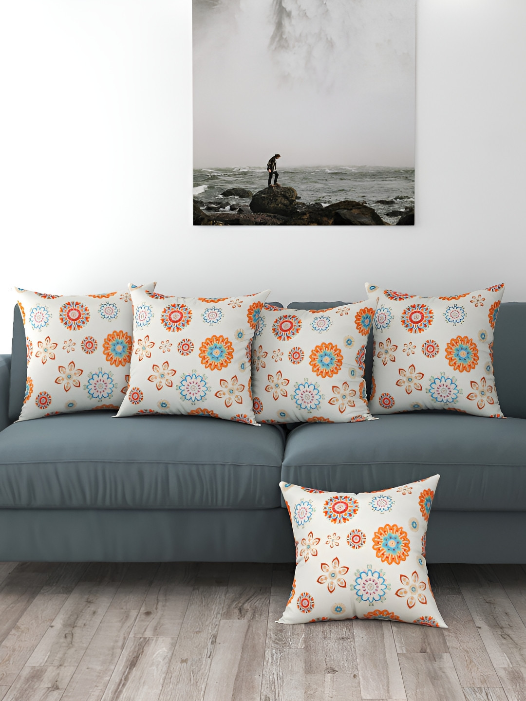 BIGGER FISH Orange & White 5 Pieces Floral Velvet Square Cushion Covers