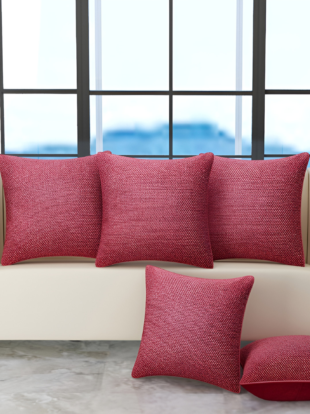BIGGER FISH Plain Maroon Polyester Silk Washable 5 Pcs Textured Cushion Covers -16x16In