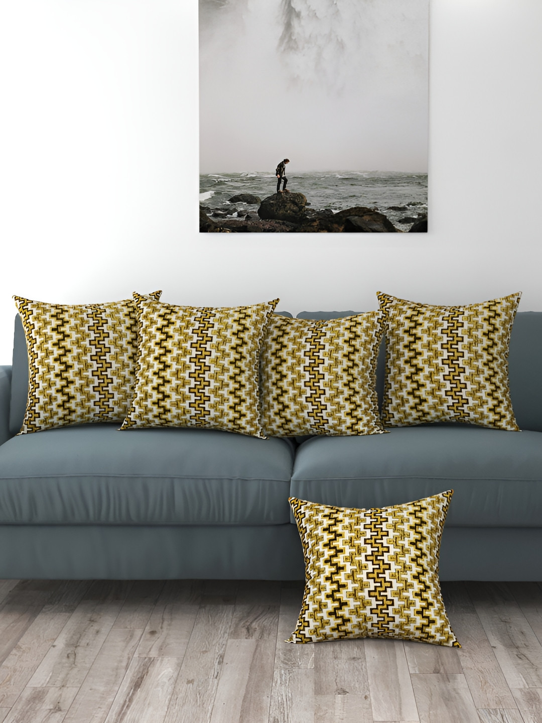 BIGGER FISH Yellow  & White 5 Pieces Geometric Velvet Square Cushion Covers