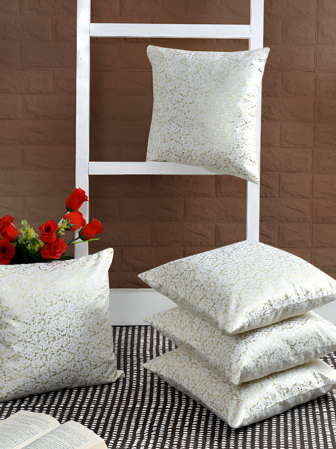 BIGGER FISH White Conversational Polyester Silk Washable 5 Pcs Cushion Covers -16x16In