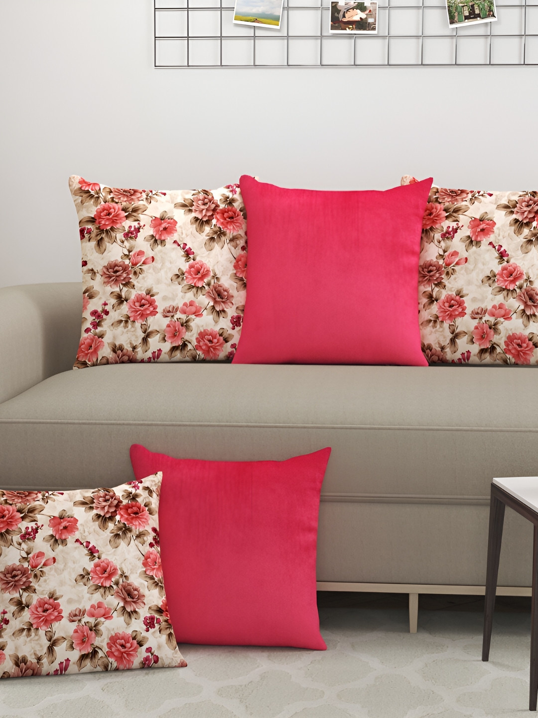 BIGGER FISH Maroon & Off White 5 Pieces Floral Velvet Square Cushion Covers