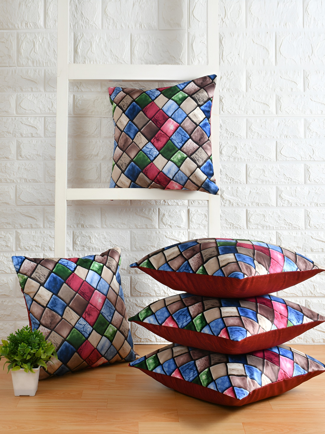 BIGGER FISH Blue Checked Velvet Durable 5 Piece Square Cushion Covers - 15.8 x 15.8 Inches