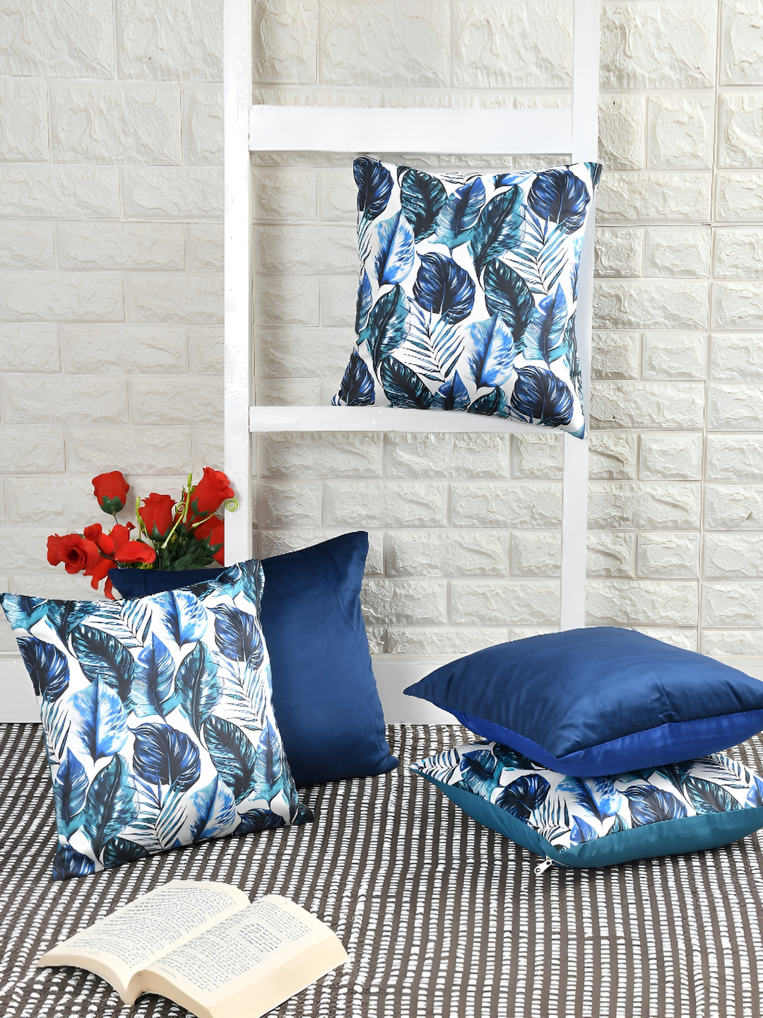 BIGGER FISH Blue Leaf Velvet Durable 5 Piece Square Cushion Covers - 15.7 x 15.7 Inches