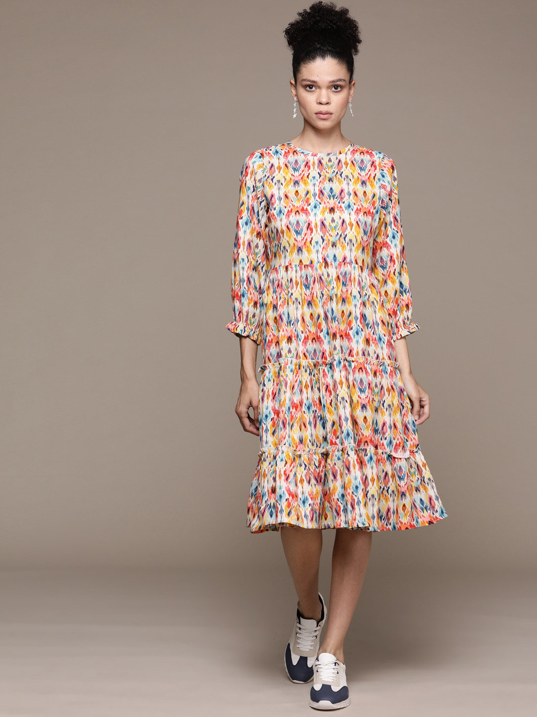 Roadster Abstract Print Bishop Sleeve Ruffled A-Line Dress