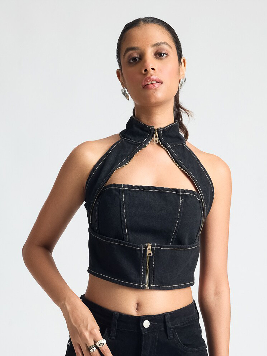 FREAKINS Halter Neck Cotton Denim Crop Top