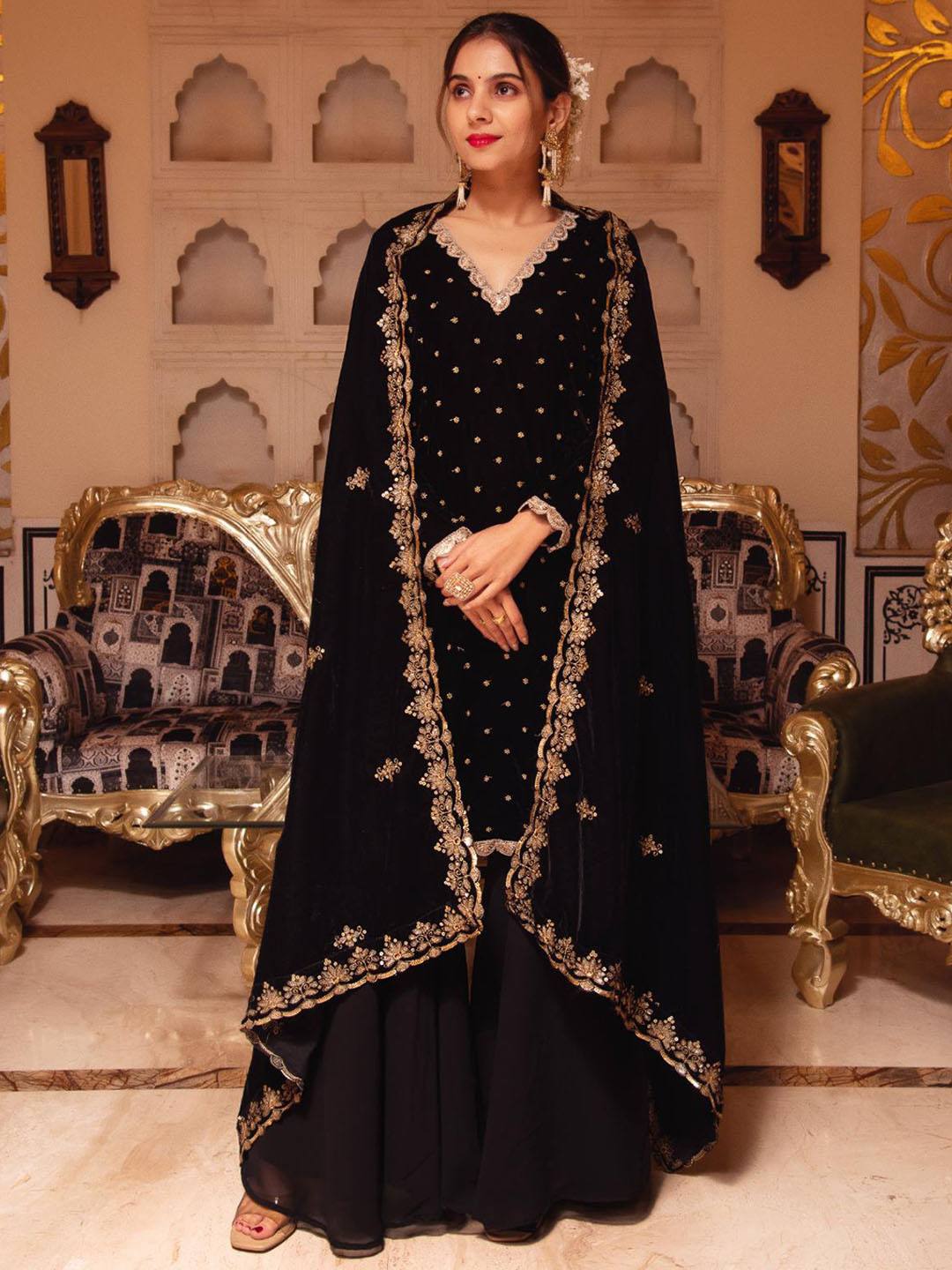 Calmna V-Neck Floral Embroidered Thread Work Velvet Straight Kurta with Sharara & Dupatta