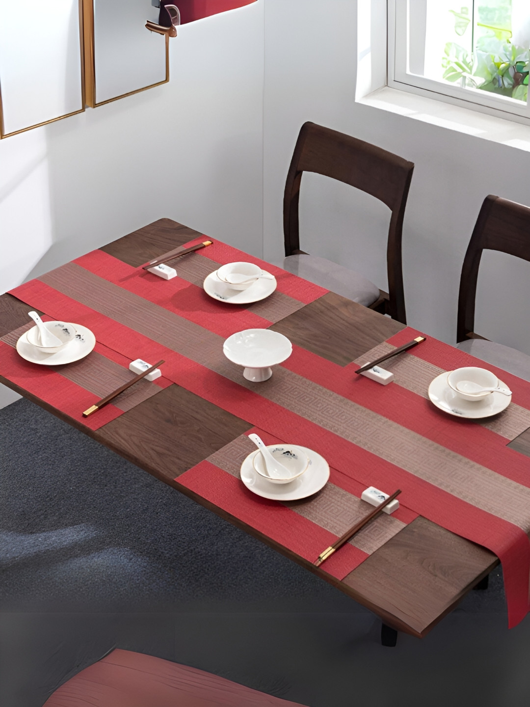 UniKart Red & Beige 7 Pieces Striped Rectangle Table Linen Set