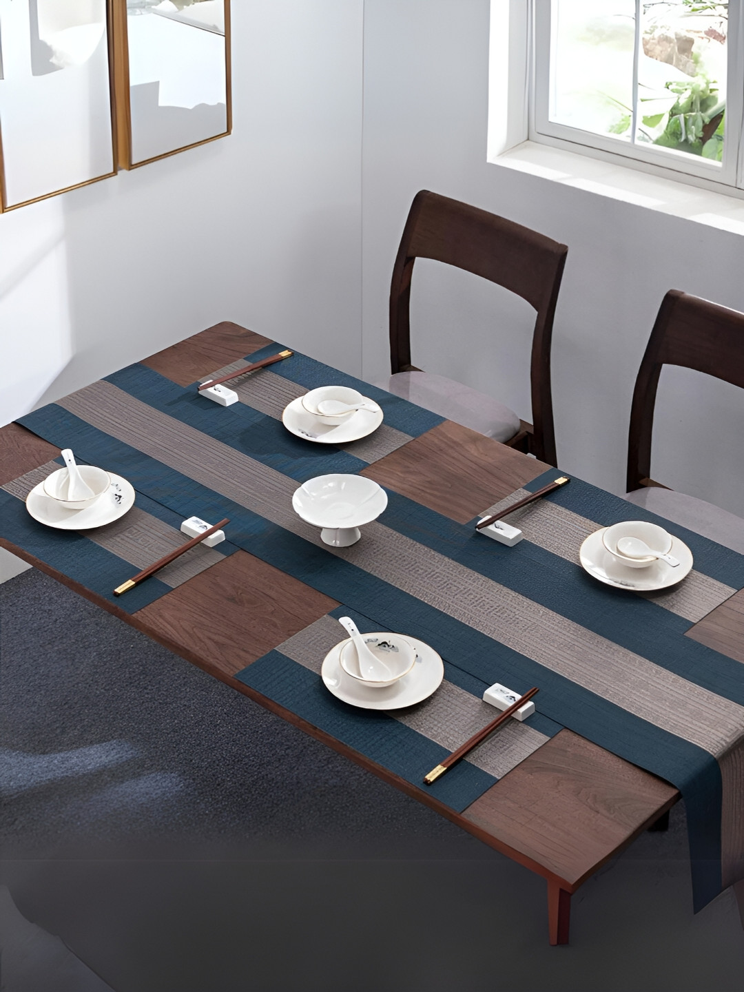 UniKart Blue & Grey 7 Pieces Striped Rectangle Table Linen Set