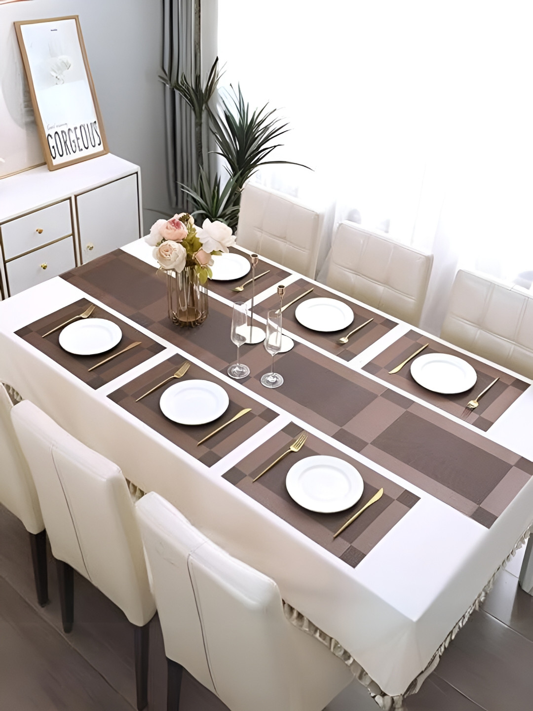 UniKart 7-Pcs Coffee Brown Anti-Slip Table Placemats & Runner