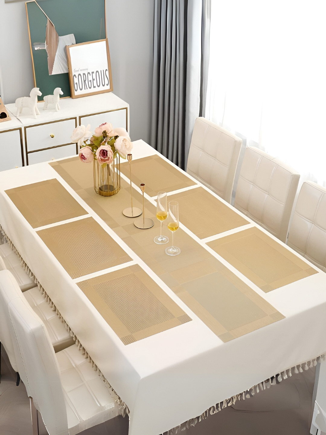 UniKart 7-Pcs Beige Anti-Slip Table Placemats & Runner