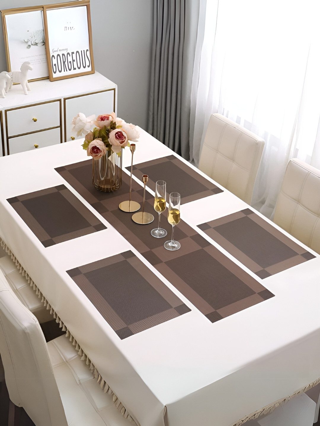 UniKart 5-Pcs Coffee Brown Anti-Slip Table Placemats & Runner