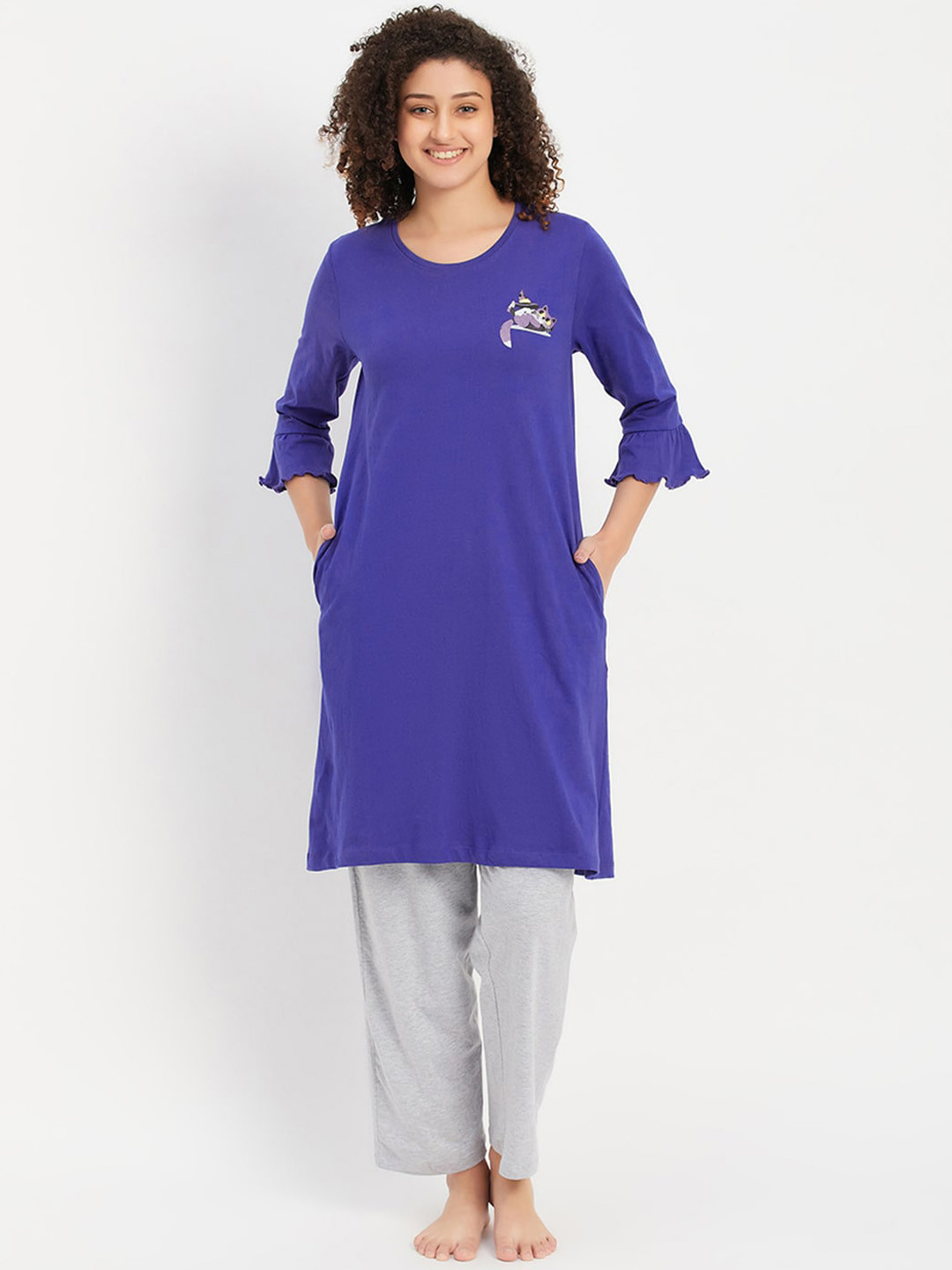 Clovia Blue Bell Sleeves Pure Cotton Night Suit