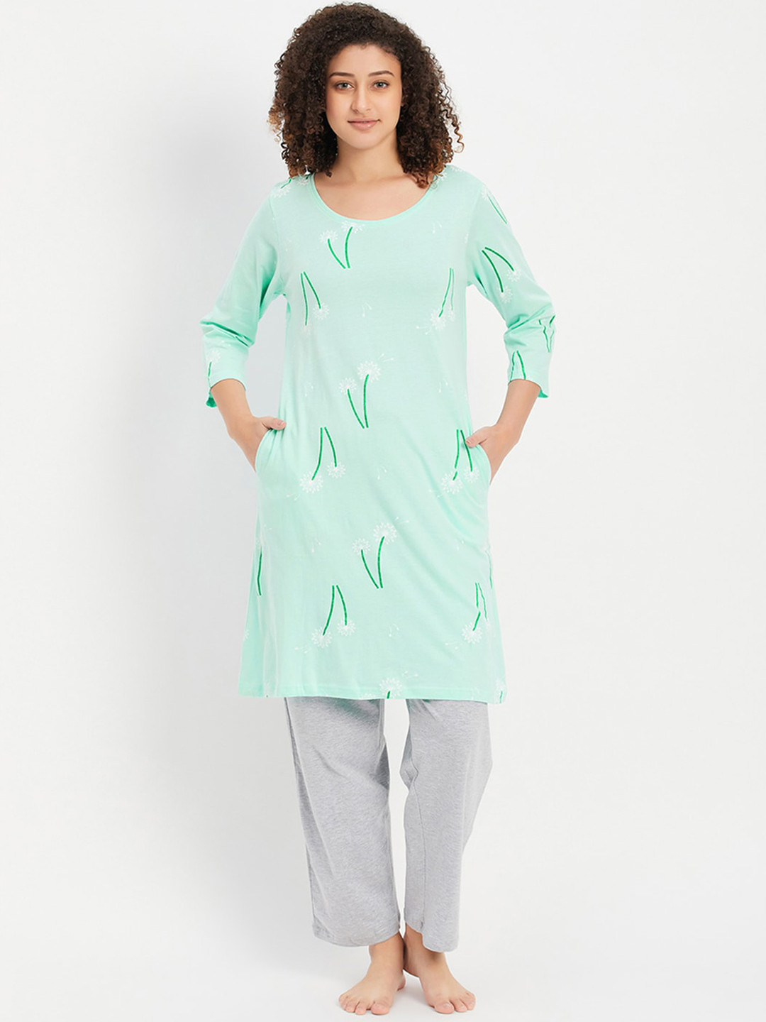 Clovia Blue Floral Printed Pure Cotton Kurti With Pyjamas