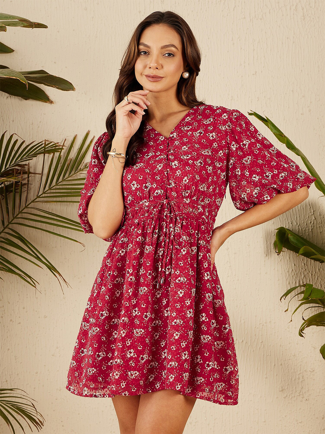 Marie Claire Floral Printed V-Neck Short Sleeves Chiffon Fit & Flare Dress