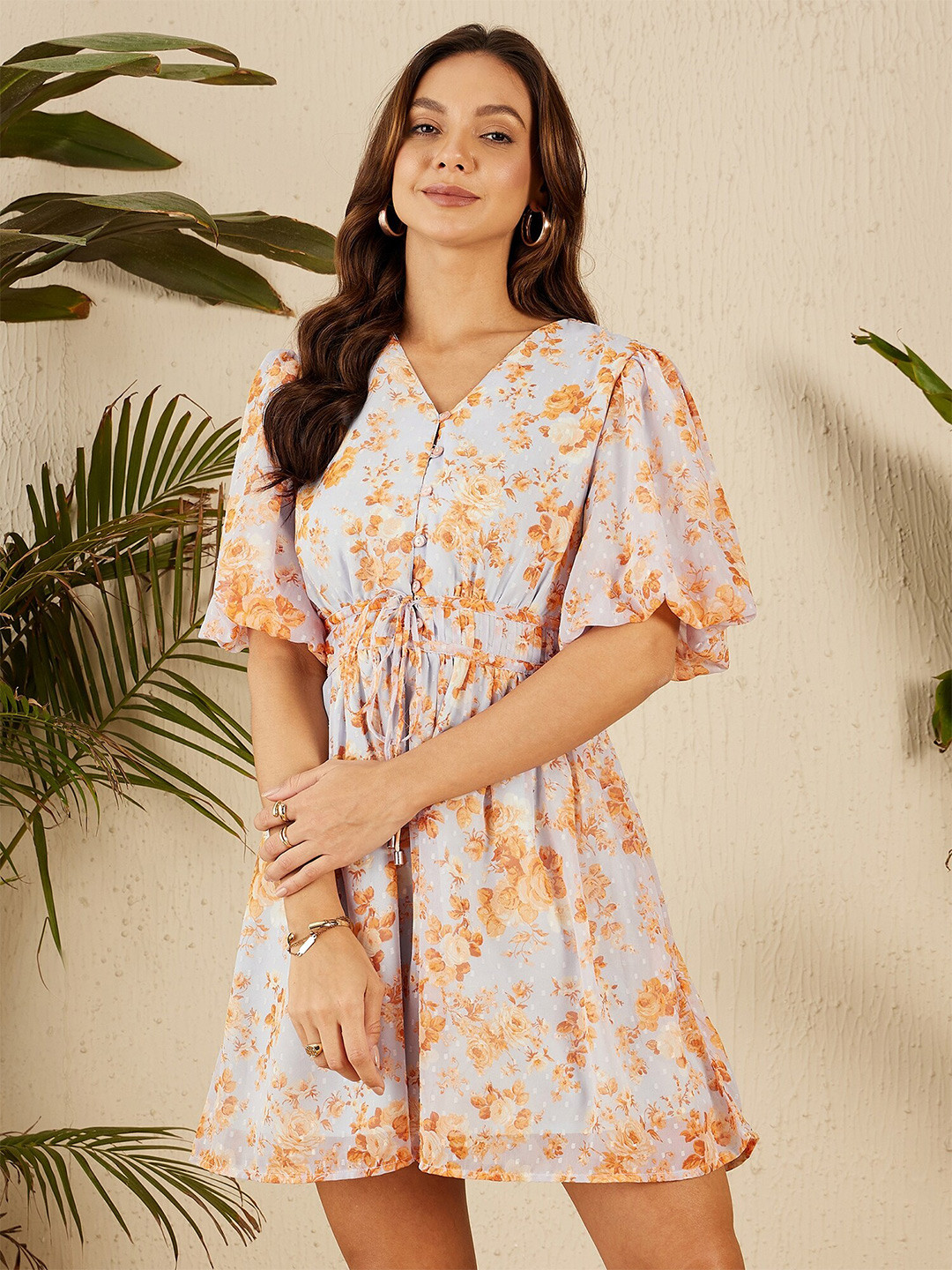 Marie Claire Floral Printed V-Neck Short Sleeves Chiffon A-Line Dress