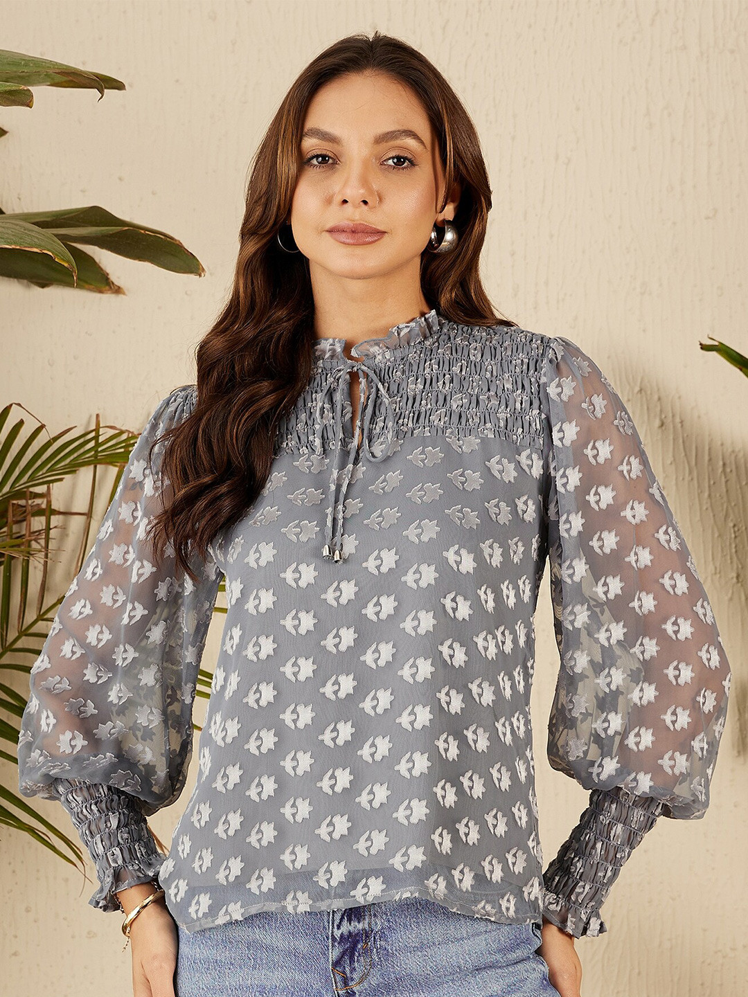 Marie Claire Ethnic Motifs Tie-Up Neck Georgette Top