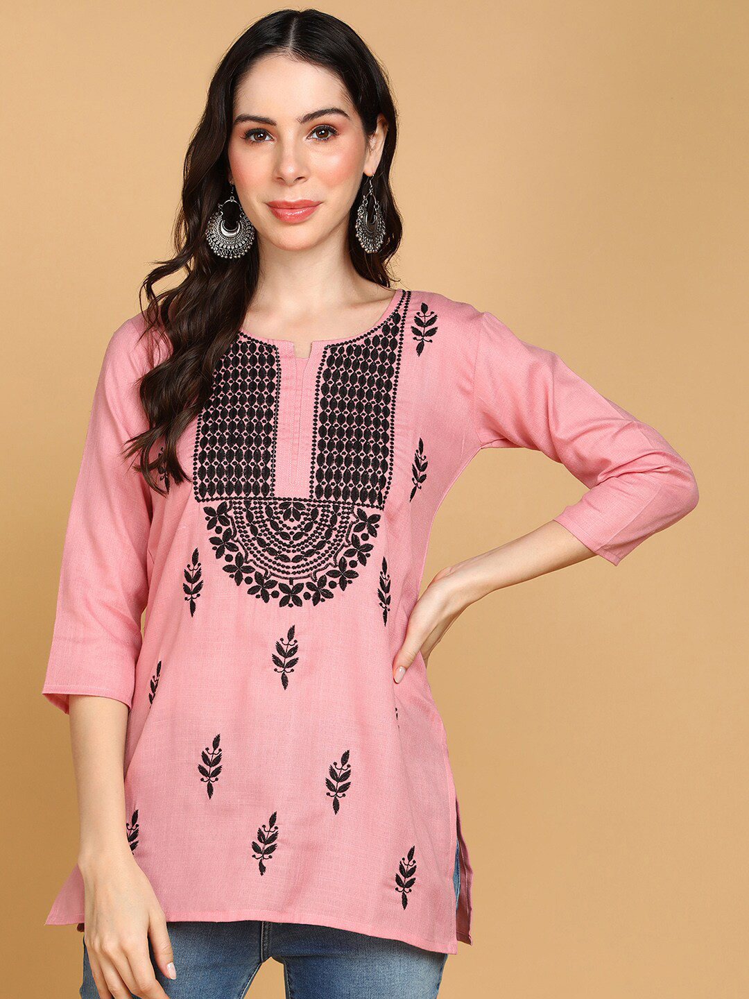 TOP N THREAD Ethnic Motifs Embroidered Round Neck Three-Quarter Sleeves Chikankari Kurti