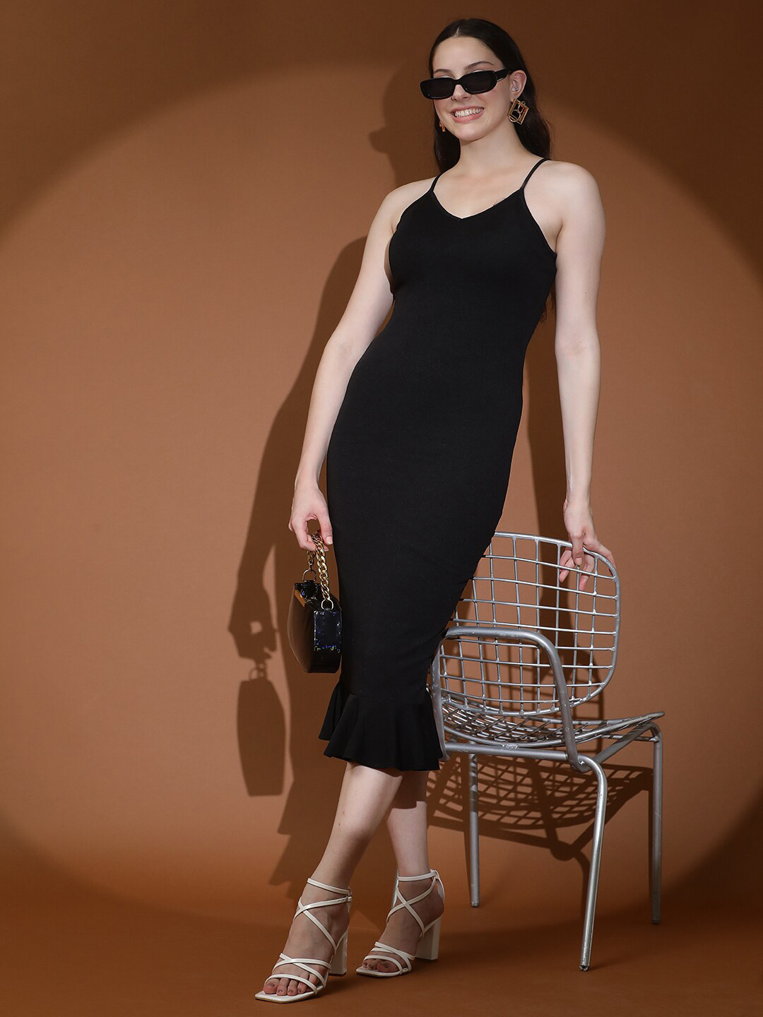 Stylecast X Kotty Black Shoulder Straps Bodycon Midi Dress