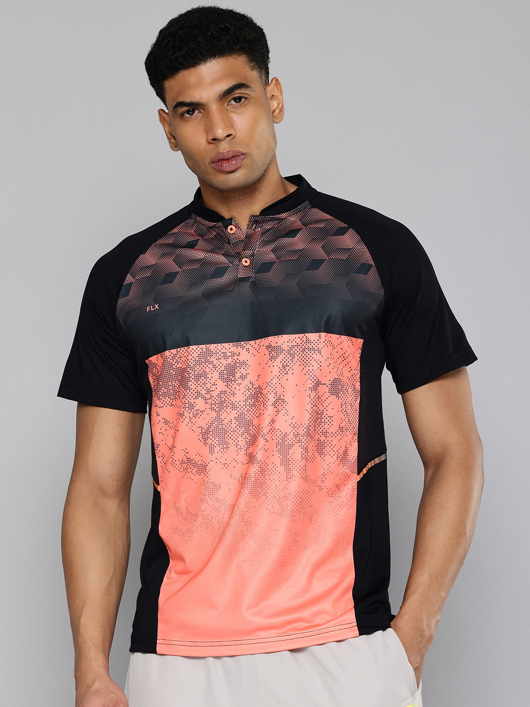 Decathlon FLX - Men Black Henley Neck Raglan Sleeves Breathable Cricket T-Shirt