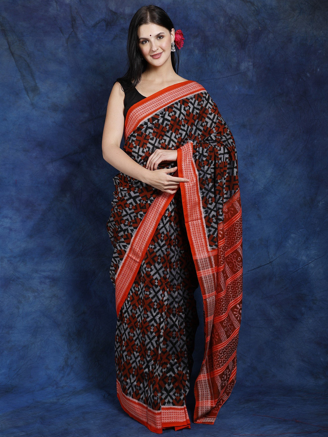 Exotic India Gray and Sienna Ikat Sambhalpuri Saree with Woven Rudraksha Border