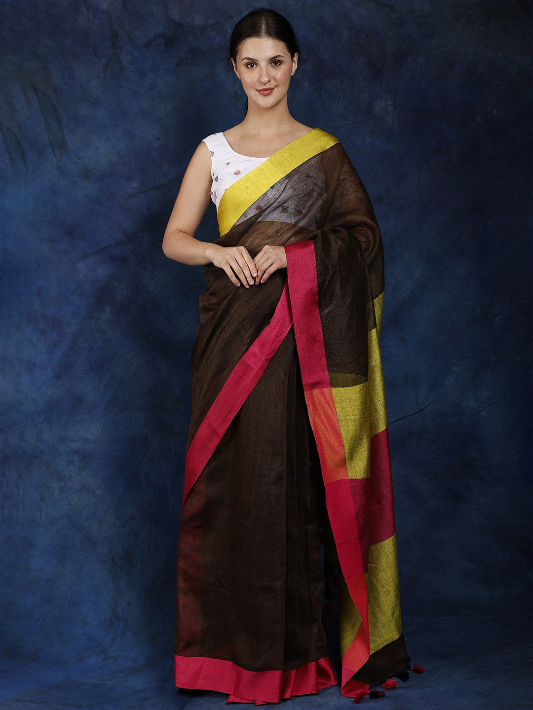 Exotic India Cotton Plain Jharkhand Saree with Box Pallu and Latkan