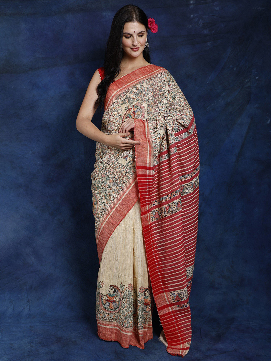 Exotic India Banana Crepe Village Scenes Khadi Cotton Madhubani Saree