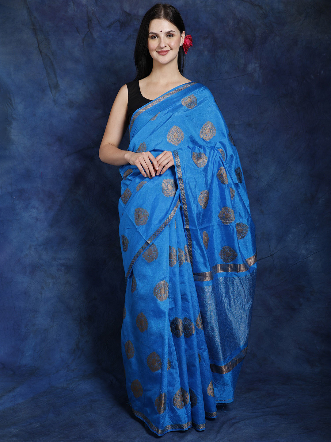 Exotic India Art Silk Methyl Blue Saree with Brocaded Zari Bootis All-Over