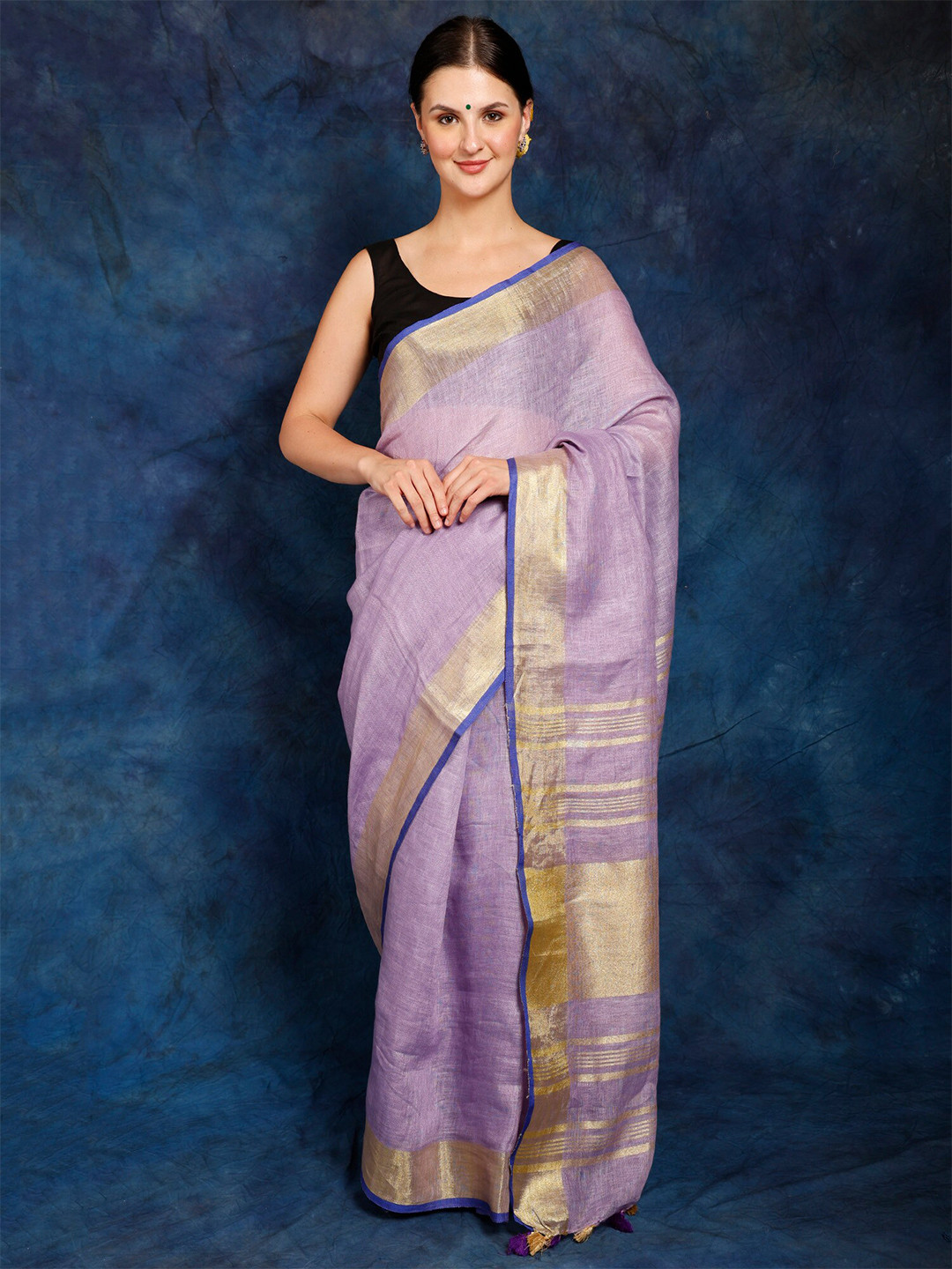 Exotic India Cotton Plain Saree with Golden Border and Striped Pallu