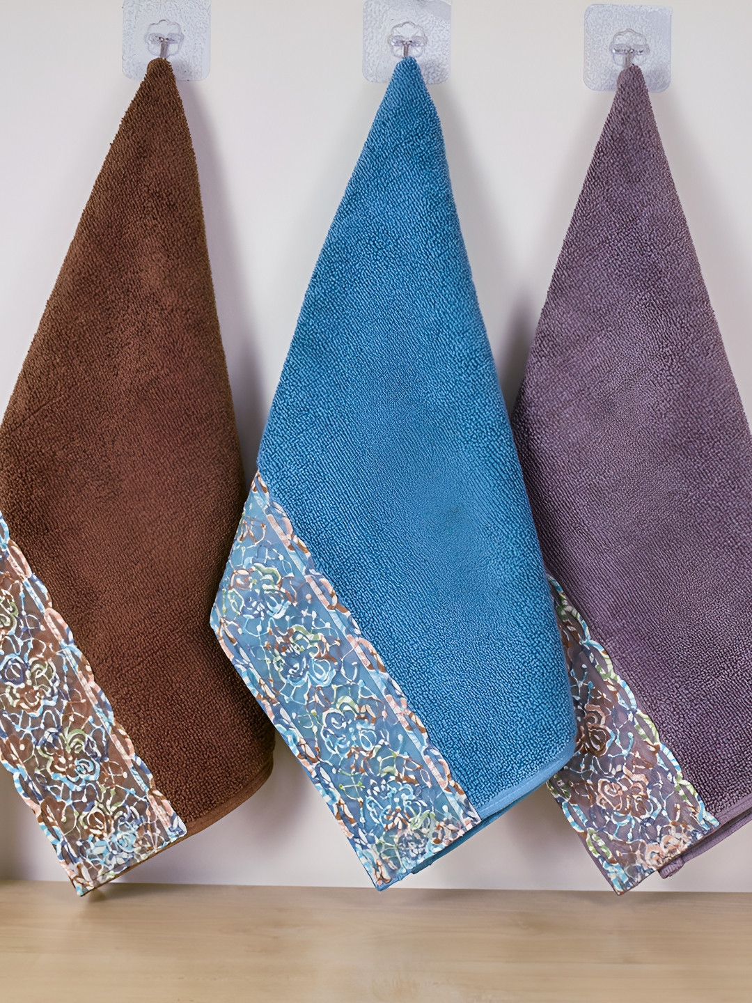 RANGOLI Supreme Brown & Blue 3 Pieces Pure Cotton Hand Towels