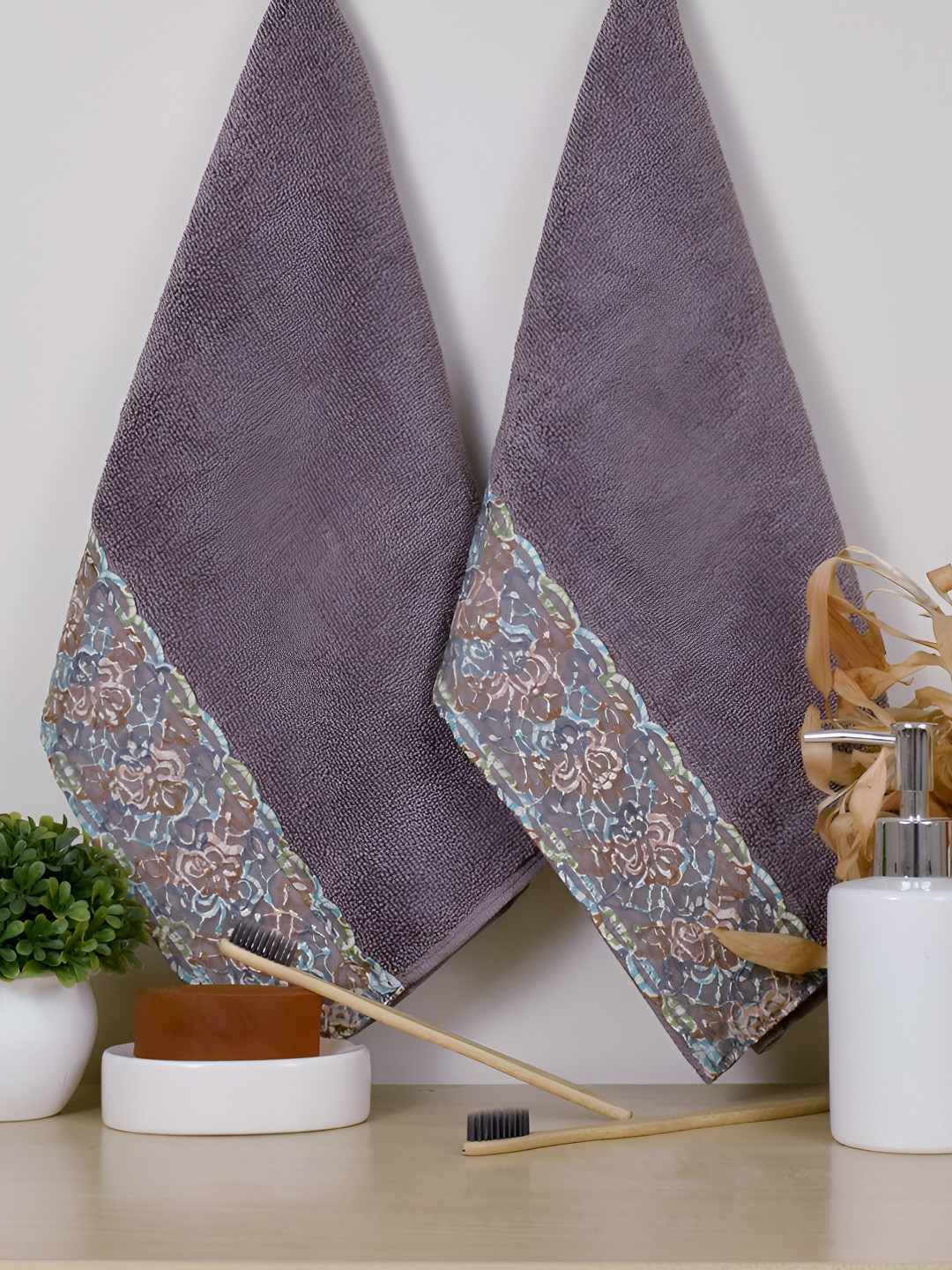 RANGOLI 2-Pcs Brown & Blue Printed Double Ply Pure Cotton Hand Towels