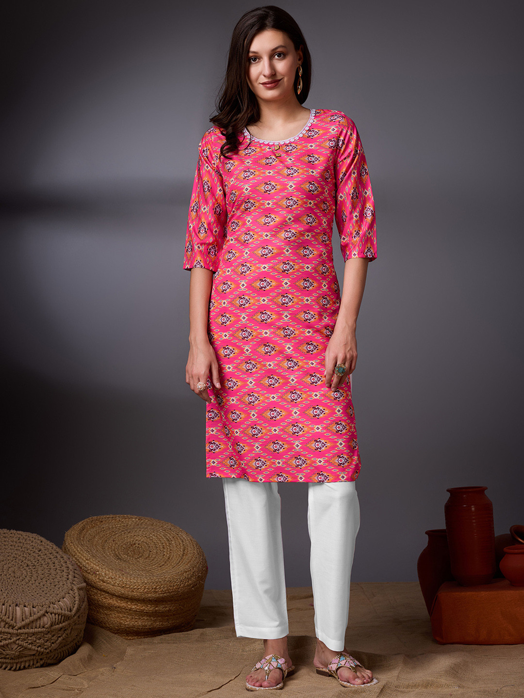 KALINI Geometric Printed Round Neck Thread Work Crepe Straight Kurta