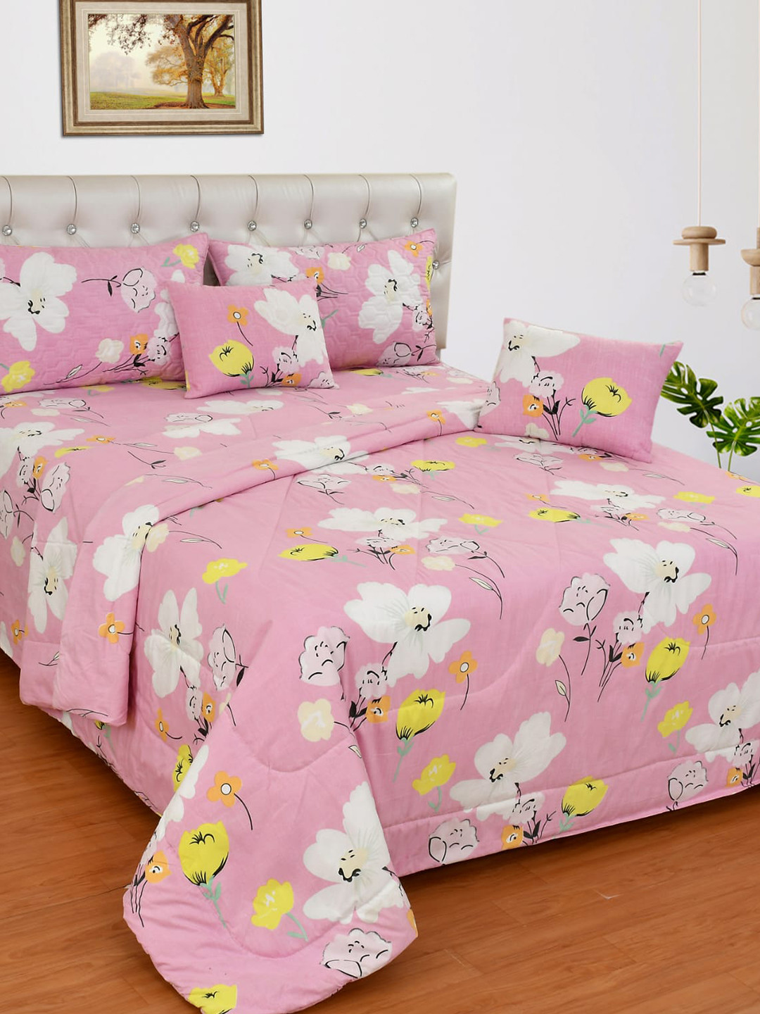 Nivasam Daffodil Pink Floral Cotton 400 TC King Superfine Bedsheet with 2 Pillow Covers-91 x 100 inches