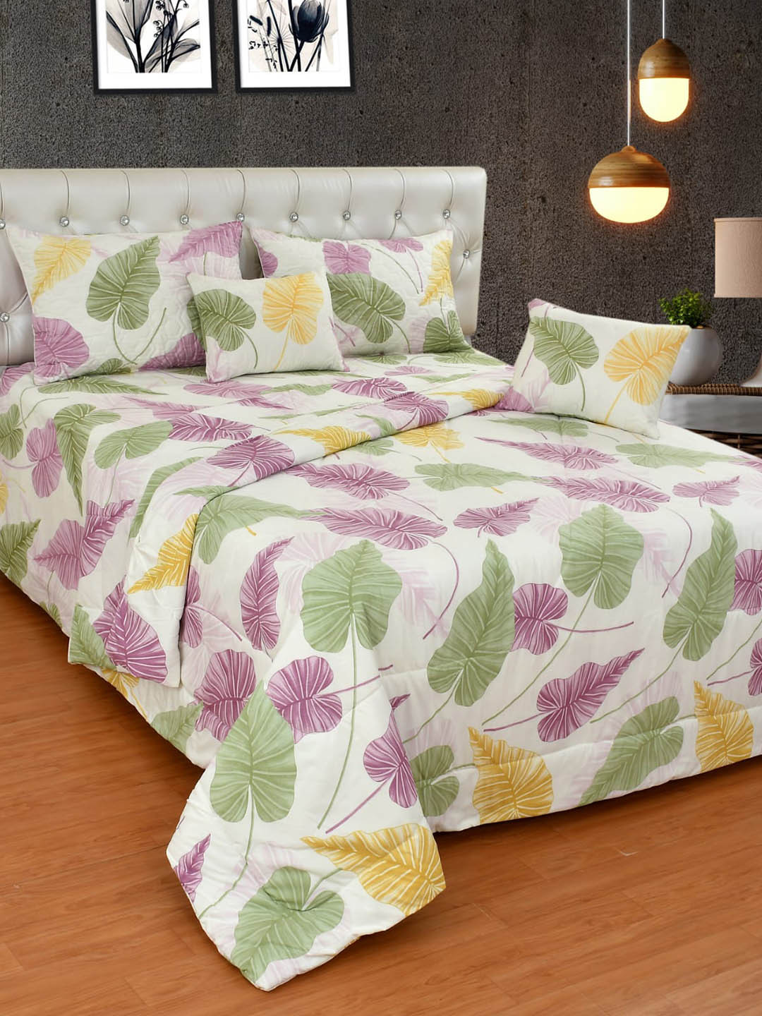 Nivasam Daffodil Off White Leaf Cotton 400 TC King Superfine Bedsheet with 2 Pillow Covers-91 x 100 inches