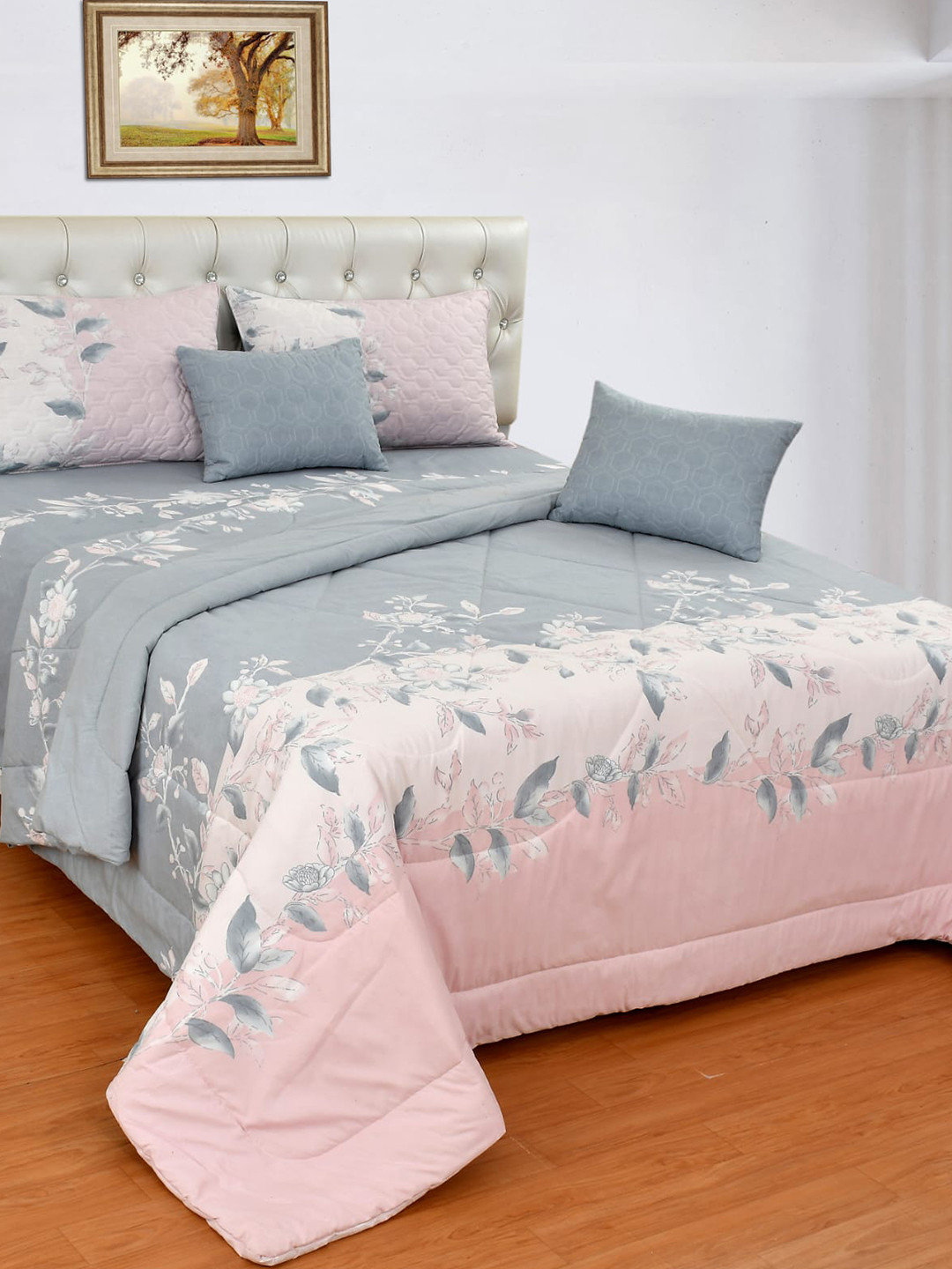 Nivasam Daffodil Grey Floral Cotton Breathable 400 TC King Superfine Bedsheet with 2 Pillow Covers-91 x 100 inches