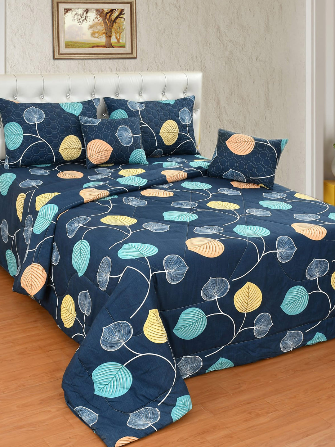 Nivasam Daffodil Navy Blue Leaf Cotton 400 TC King Superfine Bedsheet with 2 Pillow Covers-91 x 100 inches