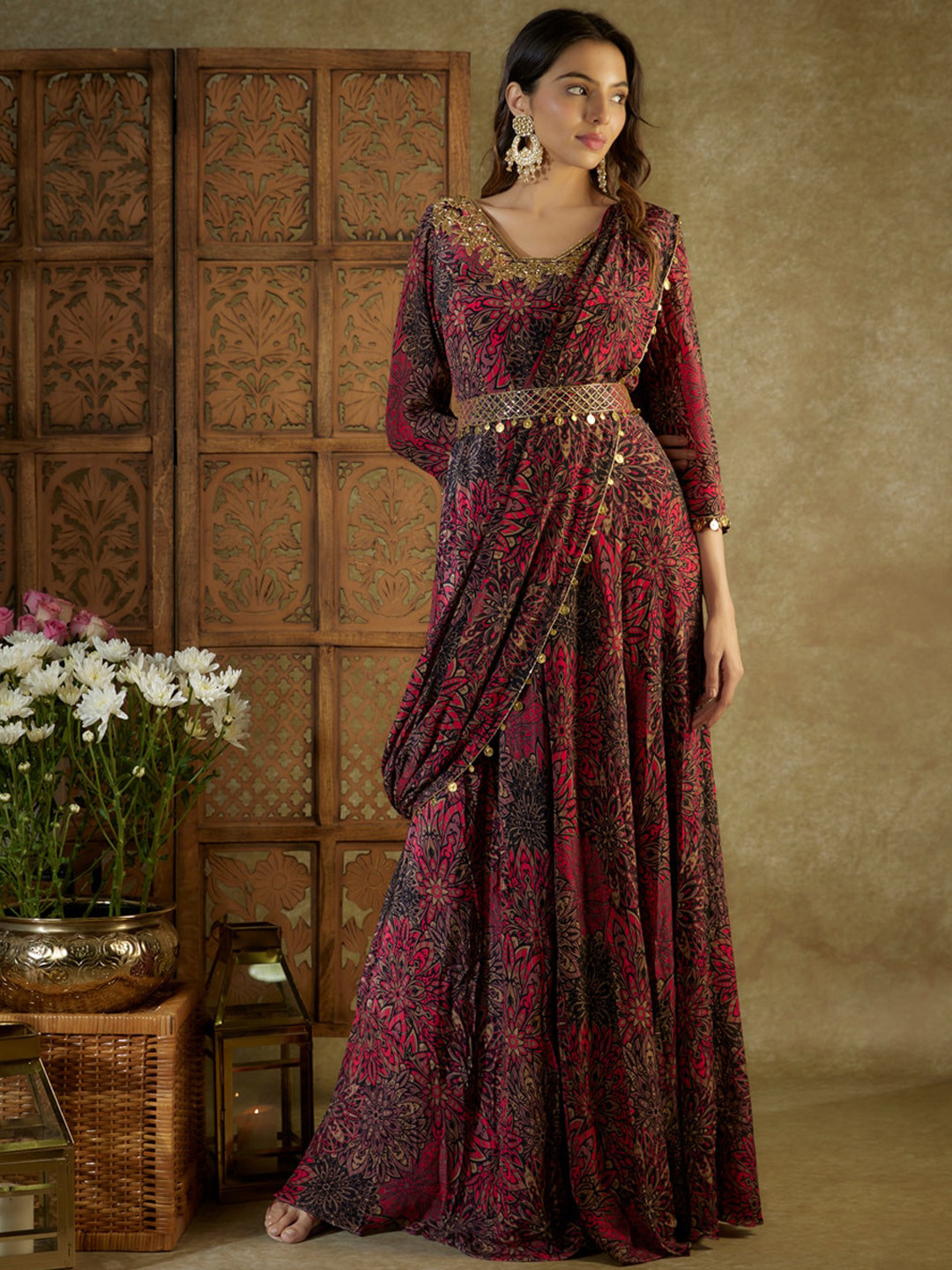 Mehak Murpana Floral Printed Anarkali Kurta With Pre Pleated Drape and Belt
