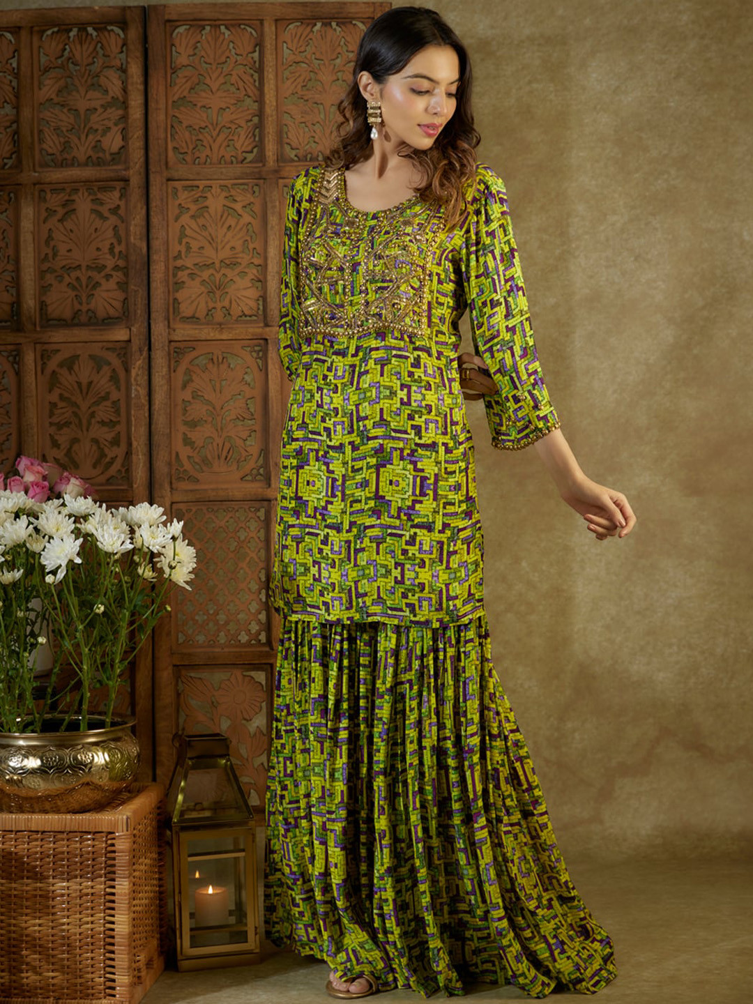Mehak Murpana Floral Printed Round Neck Straight Kurta With Sharara