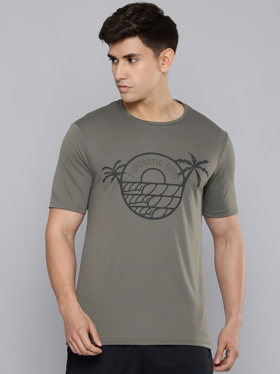 Decathlon OLAIAN - Mens Khaki Printed UV Protected Half-Sleeve Surfing Tshirt