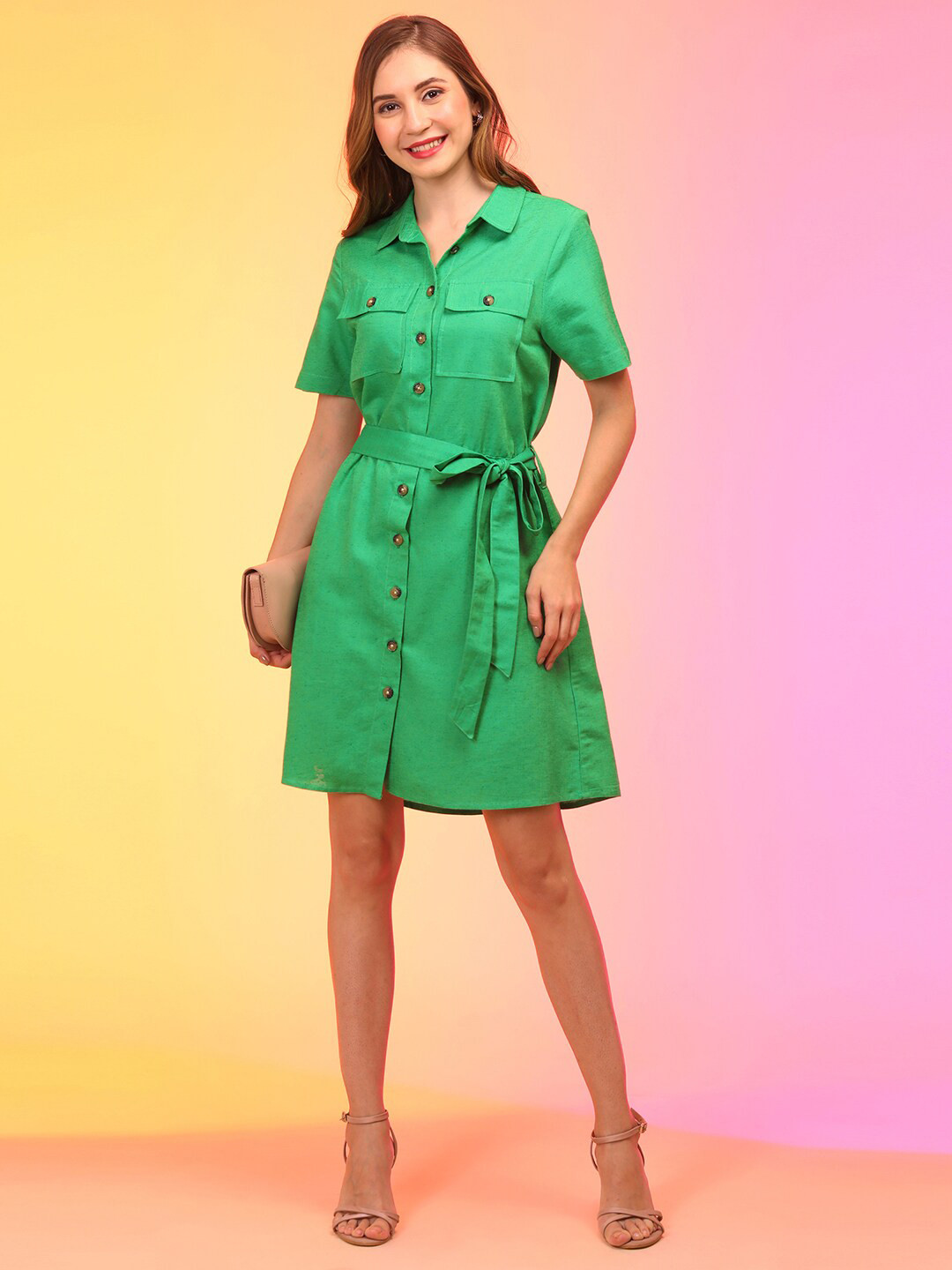 Globus Green Belted Shirt Style Dress